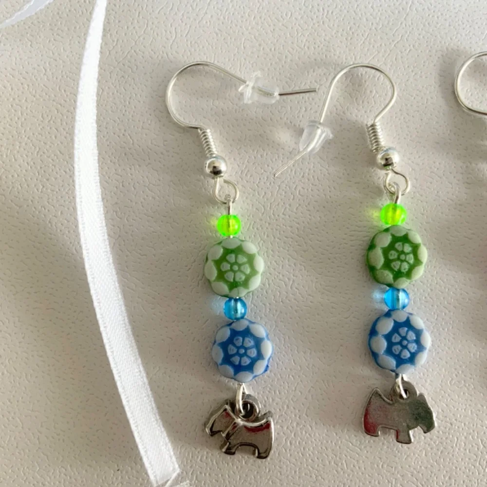 Handcrafted Flower Beaded Dangle Drop Handmade Earrings with Little Dog Charm